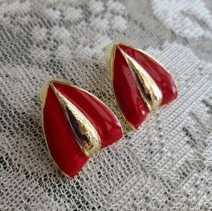 Vintage 1980s Red & Gold Tone Triangle Stud Earrings Costume Jewelry